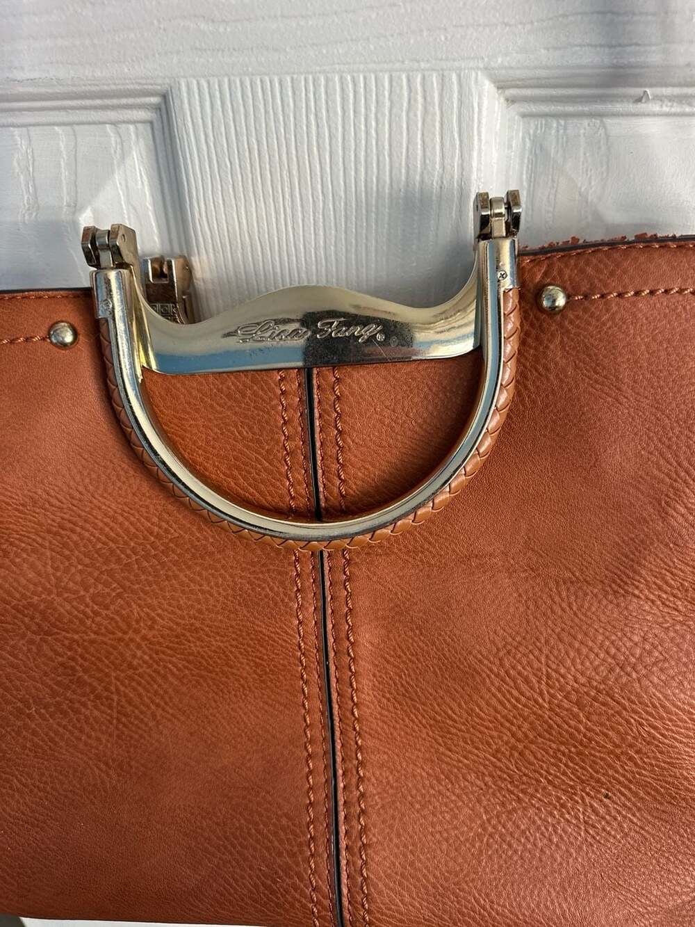 Lisa Fang Brown Faux Leather Tote with Ornate Metal Handle Detail